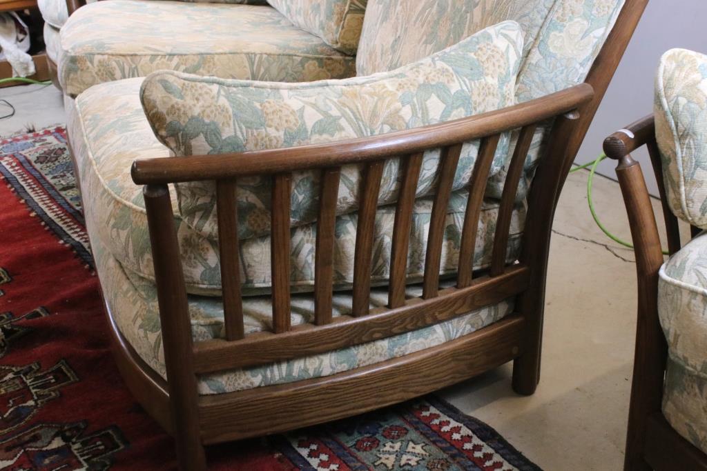 Ercol ' Renaissance ' Elm High Back Three Piece Suite with floral pattern upholstery comprising Sofa - Image 2 of 7