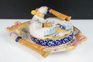 Henriot Quimper faience covered dish / cheese dish, in the form of biniou / bagpipes, numbered