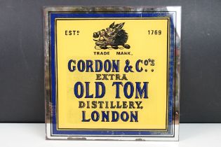 Gordon & Co's Extra Old Tom distillery London mirror advertising sign, printed in yellow and blue