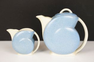 Clarice Cliff for Wilkinson Pottery ' Nautilus ' prototype teapot and jug, with mottled blue ground.