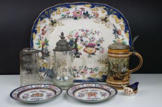 Group of ceramics to include two 19th Century cut glass pewter lidded steins one being hand cut with