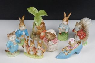 Seven Beswick Beatrix Potter porcelain figures, featuring gold backstamps, to include Timmy Tiptoes,