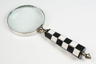 Hand Held Magnifying Glass with checkboard handle, approx 25cm long