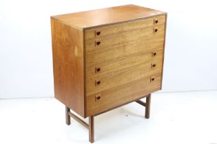 Mid century ' Alfred Cox ' Teak Chest of Five Long Drawers with recessed handles, label to inside