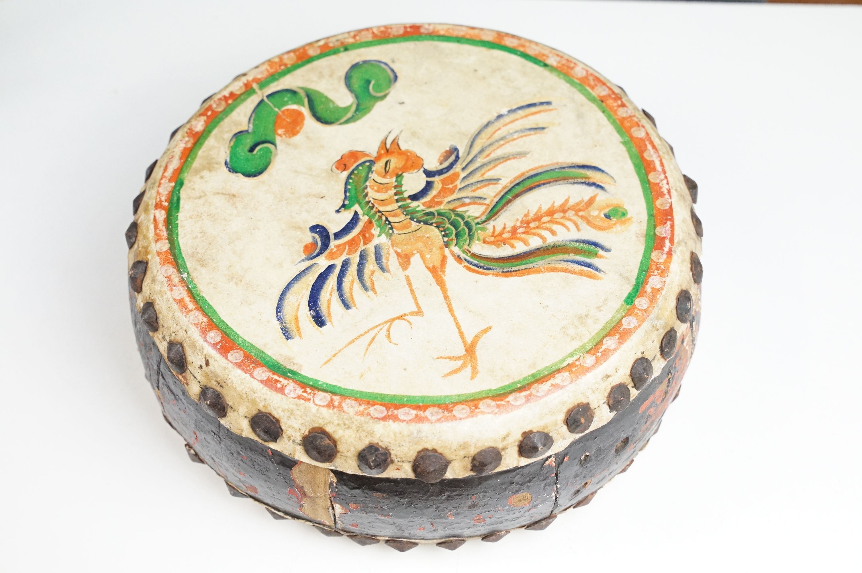 Chinese 1920s painted double sided drum together with a pair of Thai carved wooden hands, and a - Image 5 of 5