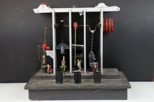 Scratch built painted wooden metalworking mechanical model, the metalworkers with articulated limbs,