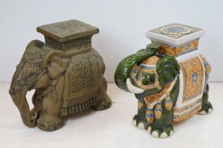 Two ceramic elephant stools / lamp tables featuring a polychrome glazed example and grey example.