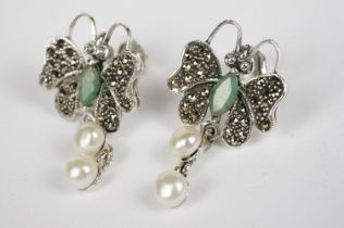 Pair of Silver Earring Set with emerald body and pearl drops