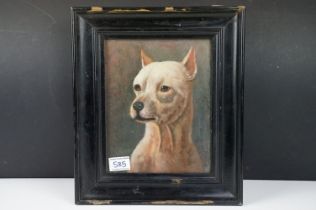Ebonised Framed Oil Painting of a Terrier Dog, 24cm x 19cm