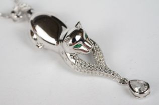 Silver Cat Pendant Necklace with Emerald Eyes