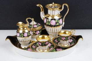 Nymphenburg porcelain cabaret coffee set for two, numbered 997, with pink rose & gilt decoration,