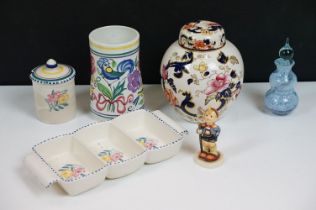 Three pieces of Poole pottery to include vase, sugar bowl and hors d’oeuvres dish, a Caithness glass