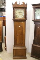 19th century Oak Longcase Clock, the hood with shaped top and columns, housing a painted face