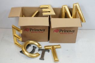 Collection of gold painted composite letters (approx 29cm tall), plus three further metal / wooden