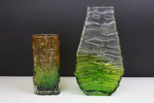 Two 1970s textured studio glass vases to include a bark effect vase in green & amber (possibly