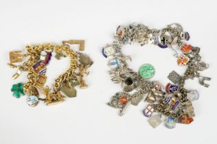 Two vintage charm bracelets both complete with charms to include silver and enamel examples.