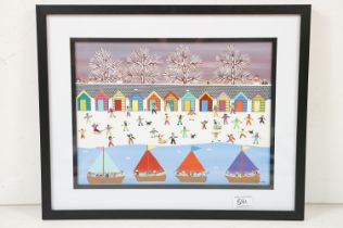 Gordon Barker (b.1960), snowmen, beach huts and boats, acrylic, signed lower right, 28.5 x 38.5cm,