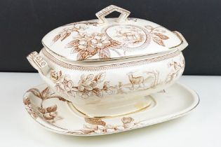 19th Century H&R Cannes transfer printed soup tureen & cover, with oval stand. (Tureen approx 34cm