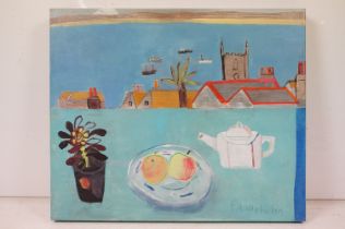 Elaine Pamphilon B. 1948 - Oil on canvas painting depicting a still life with view over St Ives.