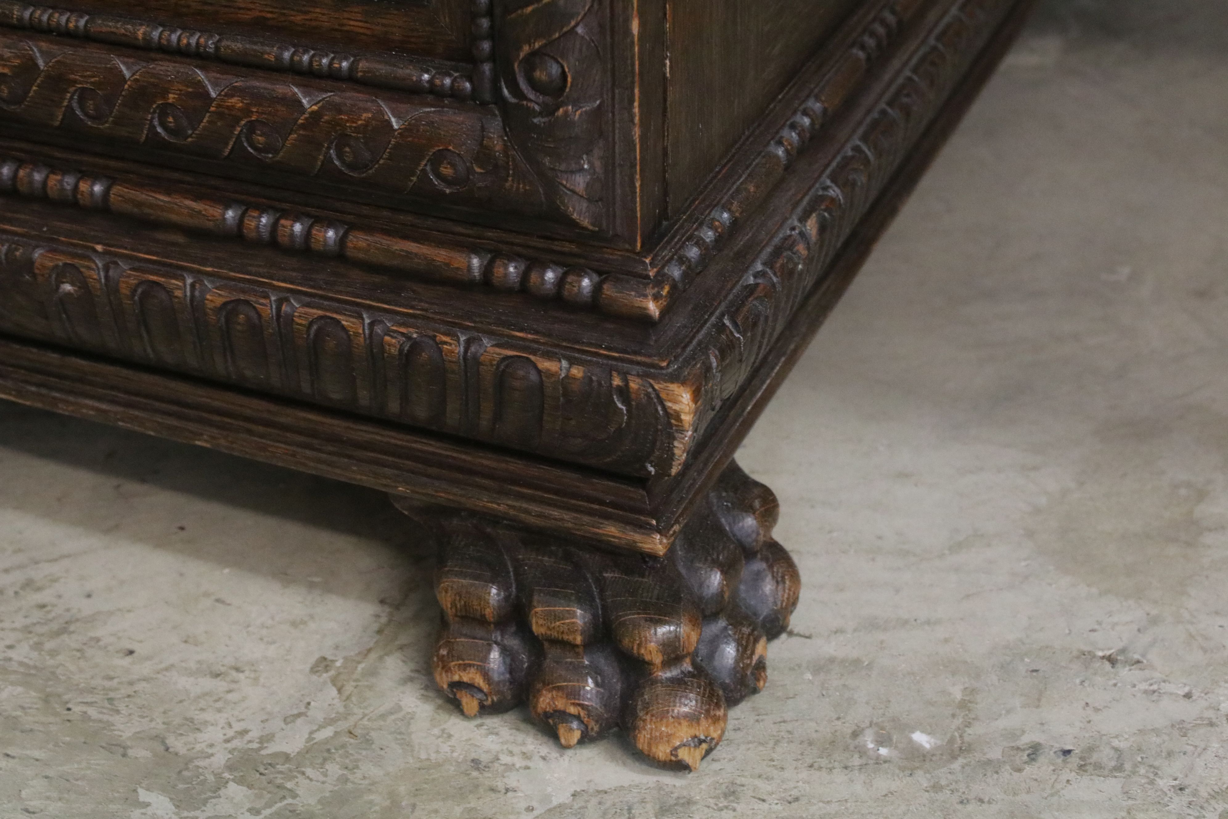 19th century Dark Oak Twin Pedestal Desk with three carved front drawers, each pedestal with heavily - Image 6 of 11