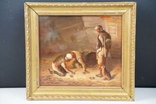 Oil on Panel, Classical Scene with Mariners with Cat in a Boat Yard, 16.5cm x 19cm