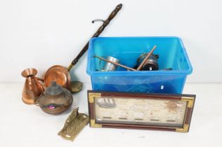 Mixed metalware to include a copper teapot, brass letter rack, hunting horn, oil can, etc; plus a
