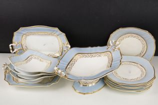 19th Century Victorian part dinner service having gilt and light blue rims, with scrolled foliate