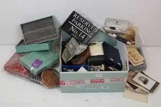 A box of mixed collectables to include jewellery boxes, silk postcards, CDV photos, mobile phone...