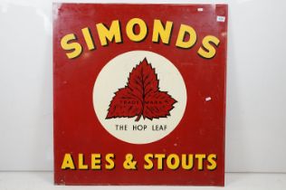 Vintage Simonds Ales and Stouts breweriana enamelled advertising sign having a red background with