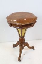 Victorian Burr Walnut and Satinwood Inlaid Octagonal Trumpet shaped Work / Sewing Table, the