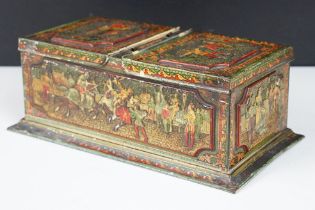 Early 20th Century Huntley & Palmers biscuit tin have a double lidded compartment featuring embossed