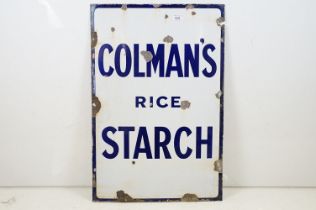 Vintage Colman's Rice Starch blue and white enamelled advertising sign. Measures 92 x 61cm.