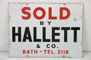 Vintage enamelled 'Sold by Hallett & Co' local interest advertising sign. The sign having a white