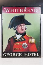 Large hanging Whitbread George Hotel sign featuring a hand painted portrait with printed lettering