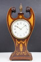 Edwardian Art Nouveau inlaid mahogany mantel clock, with white enamel dial, black Arabic numerals,