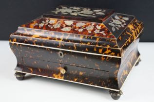 19th century tortoiseshell sarcophagus sewing box, with mother of pearl inlaid floral decoration,