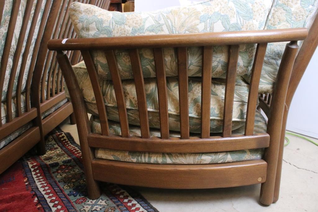 Ercol ' Renaissance ' Elm High Back Three Piece Suite with floral pattern upholstery comprising Sofa - Image 5 of 7
