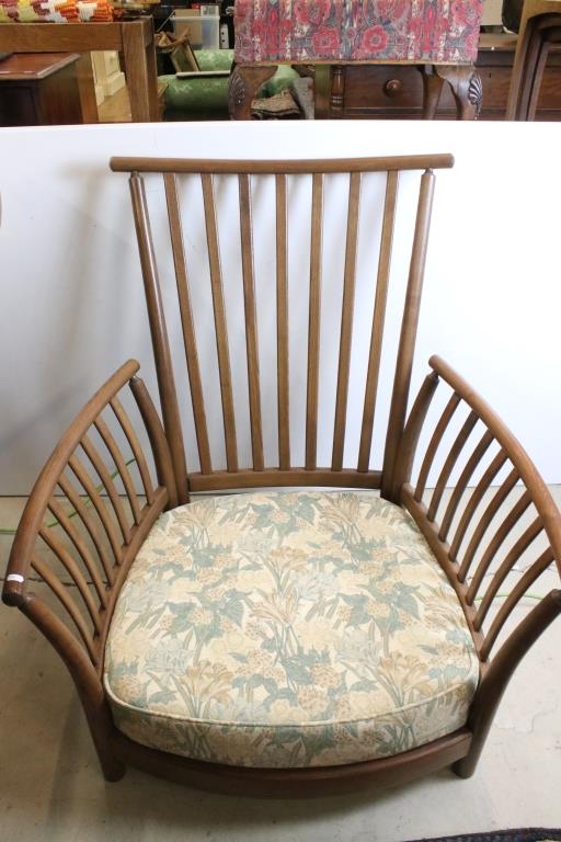 Ercol ' Renaissance ' Elm High Back Three Piece Suite with floral pattern upholstery comprising Sofa - Image 7 of 7