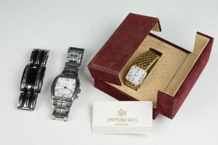 A collection of three gents wristwatches to include Raymond Weil, Fossil and Storm examples.