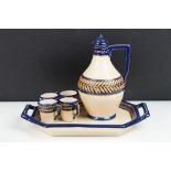 HB Quimper miniature tea set with blue glazing, to include ewer jug & stopper, 4 cups and a twin-