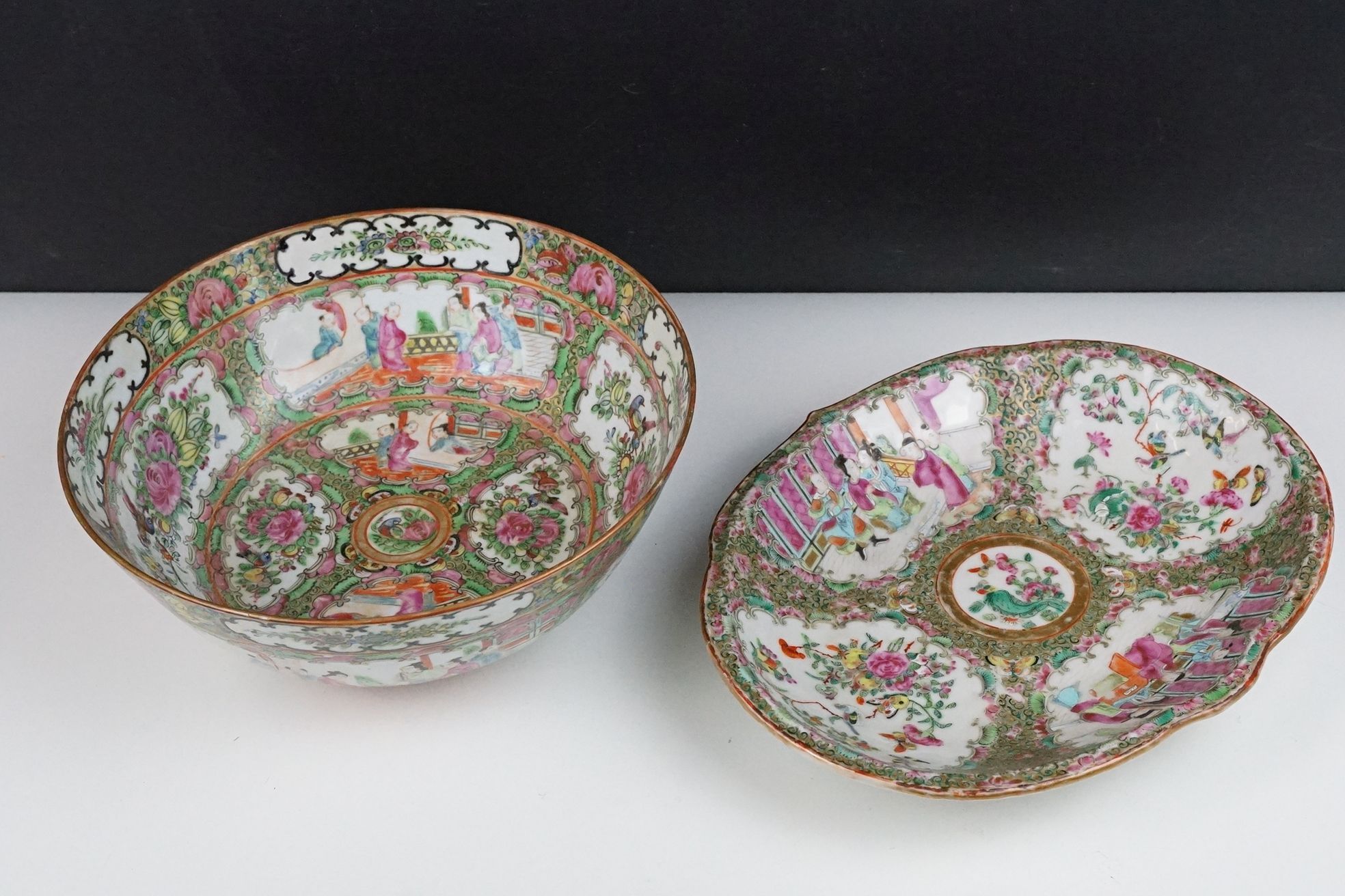 Chinese Cantonese Famille Rose Porcelain Bowl decorated with panels of figures and panels of exotic