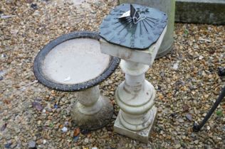 20th Century reconstituted stone bird bath with acanthus leaf scrolled details, together with a