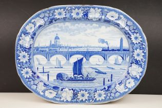 19th Century Staffordshire 'View of London' blue & white transfer printed meat platter, with