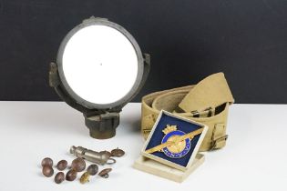 A small group of military collectables to include a WW1 Helio Mk.V heliograph, webbing belt, WW1
