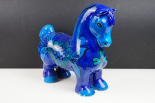 20th Century Italian pottery blue glazed horse, in the manner of Bitossi, incised '1255 Italy' to