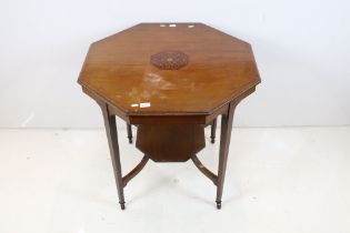 Early 20th century Walnut Inlaid Octagonal Centre Table, the four legs united by an under-shelf,