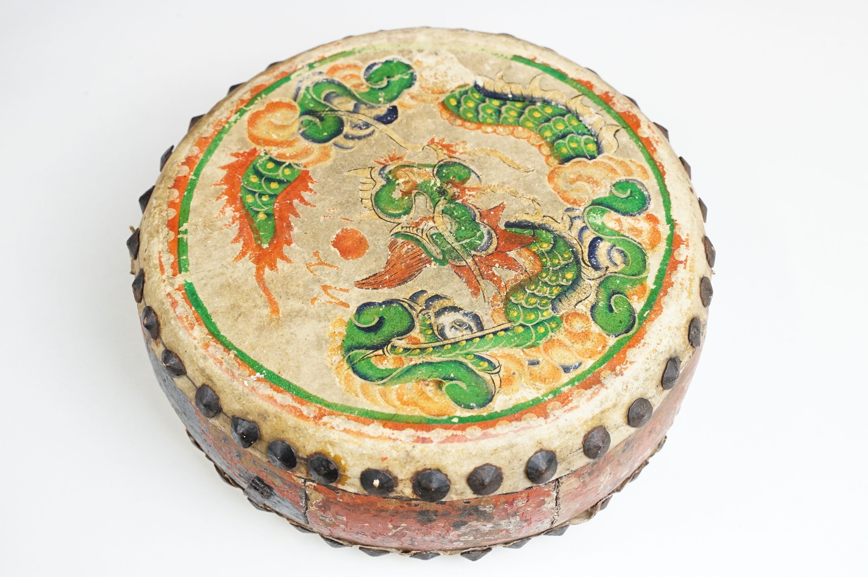 Chinese 1920s painted double sided drum together with a pair of Thai carved wooden hands, and a - Image 4 of 5