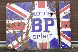 Vintage BP Motor Spirit enamelled advertising sign with logo to centre on a union jack background.