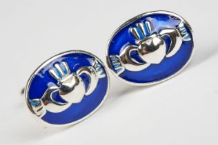 Pair of Silver and Enamel Claddagh Cufflinks