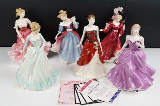 Group of six Royal Doulton lady figurines to include Victoria (HN4623), Emily (HN4817), Stephanie (